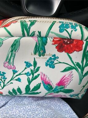 kate spade Floral Print White Cosmetic Pouch with Red & Pink Accents
